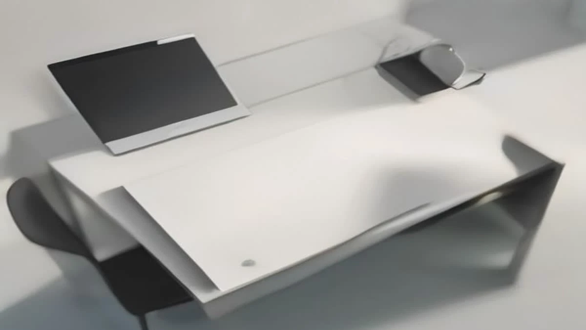 Photograph: top-down flat lay of a bright minimal desk with a laptop and a smartphone showing an abstract rising line chart, soft morning light